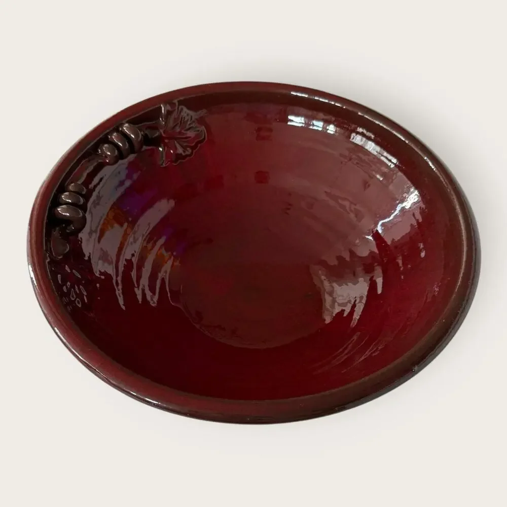 Pier 1 Red Glossy Ceramic Decorative Bowl, Leaf Pattern, Round
